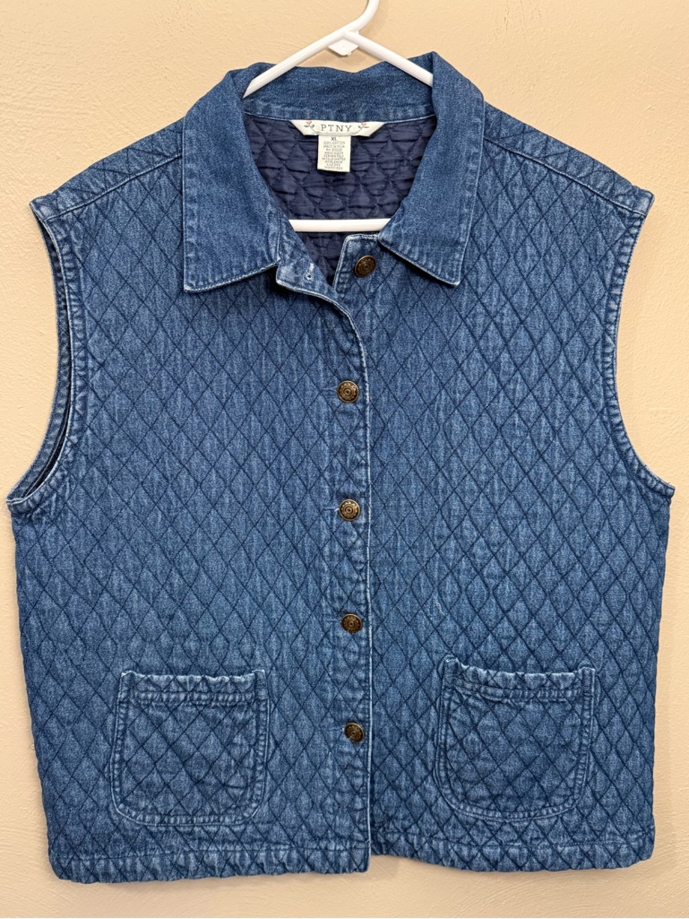 Vintage 90s PTNY Quilted Blue Denim Button-Up Vest 100% cotton Size XL